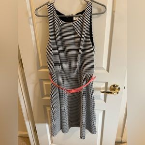 Elle Black and White Striped Dress with Pink Belt
